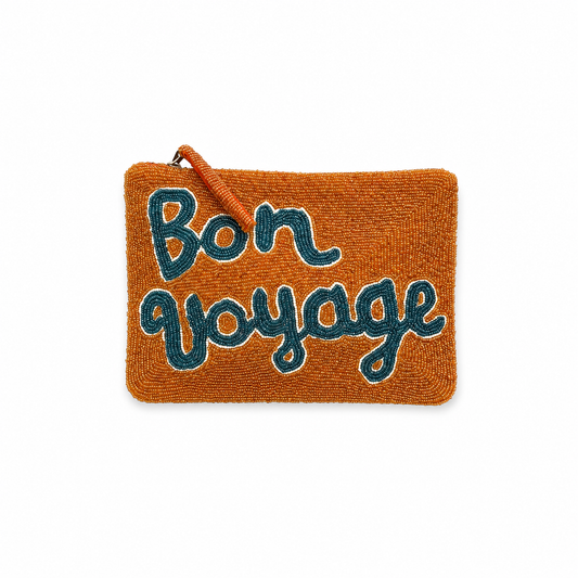 Orange pouch with 'Bon Voyage' text on a white background