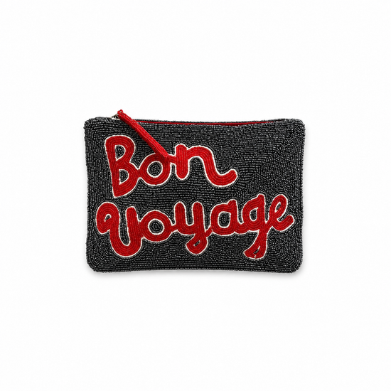 Navy sequin clutch with red writing