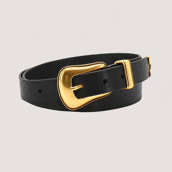 Black belt with a gold buckle on a light gray background