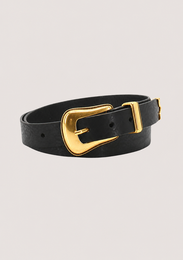 Black belt with a gold buckle on a light gray background