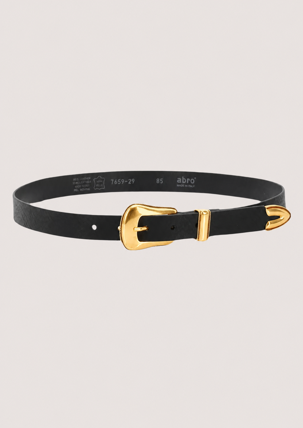 Black belt with a gold buckle on a light gray background