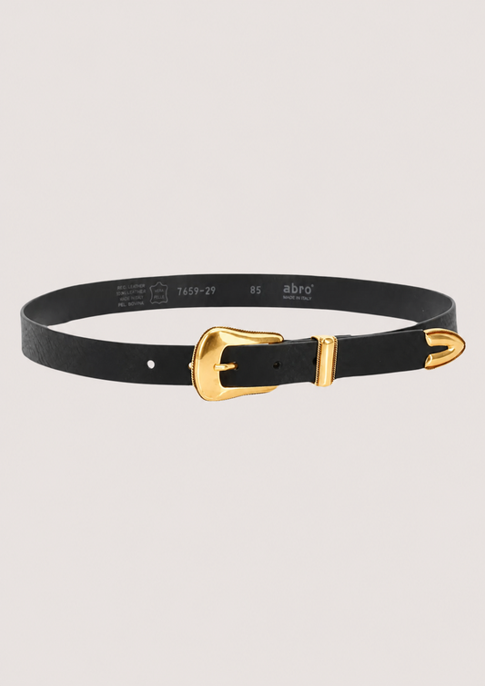Black belt with a gold buckle on a light gray background