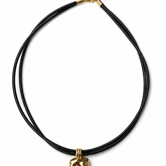 Double black cord choker necklace with gold square pendant