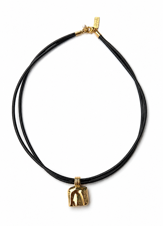 Double black cord choker necklace with gold square pendant