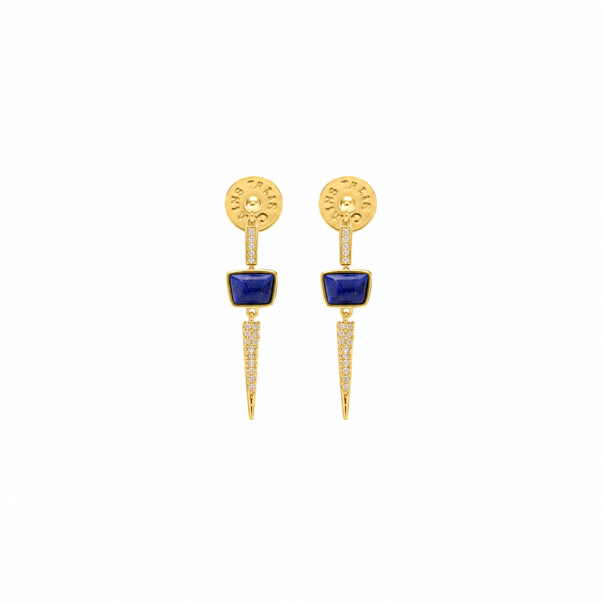 A pair of gold drop earrings featuring a rectangular blue stone in the center, a round gold top with tiny clear stones, and a pointed gold lower section accented with small clear stones, set against a plain white background.