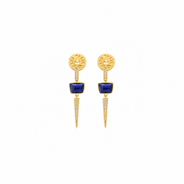 A pair of gold drop earrings featuring a rectangular blue stone in the center, a round gold top with tiny clear stones, and a pointed gold lower section accented with small clear stones, set against a plain white background.