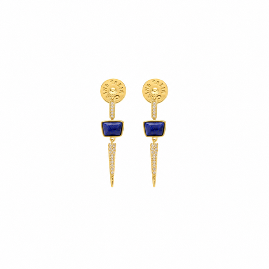 A pair of gold drop earrings featuring a rectangular blue stone in the center, a round gold top with tiny clear stones, and a pointed gold lower section accented with small clear stones, set against a plain white background.