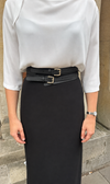 Model wearing a black leather double belt.