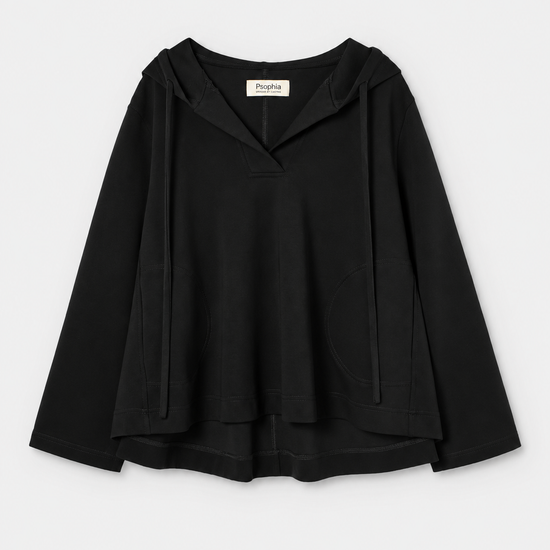 A black long-sleeve hooded top with a draped, layered hem, displayed flat against a light gray background.