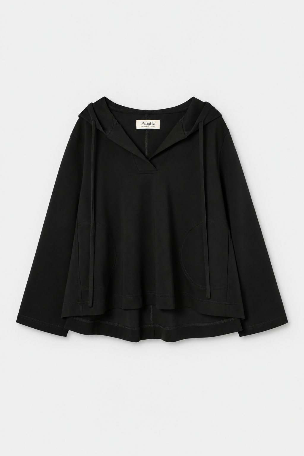 A black long-sleeve hooded top with a draped, layered hem, displayed flat against a light gray background.