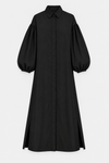 A black long-sleeve midi shirt dress with dramatic balloon sleeves, a pointed collar, and front button closure, shown against a light gray background.