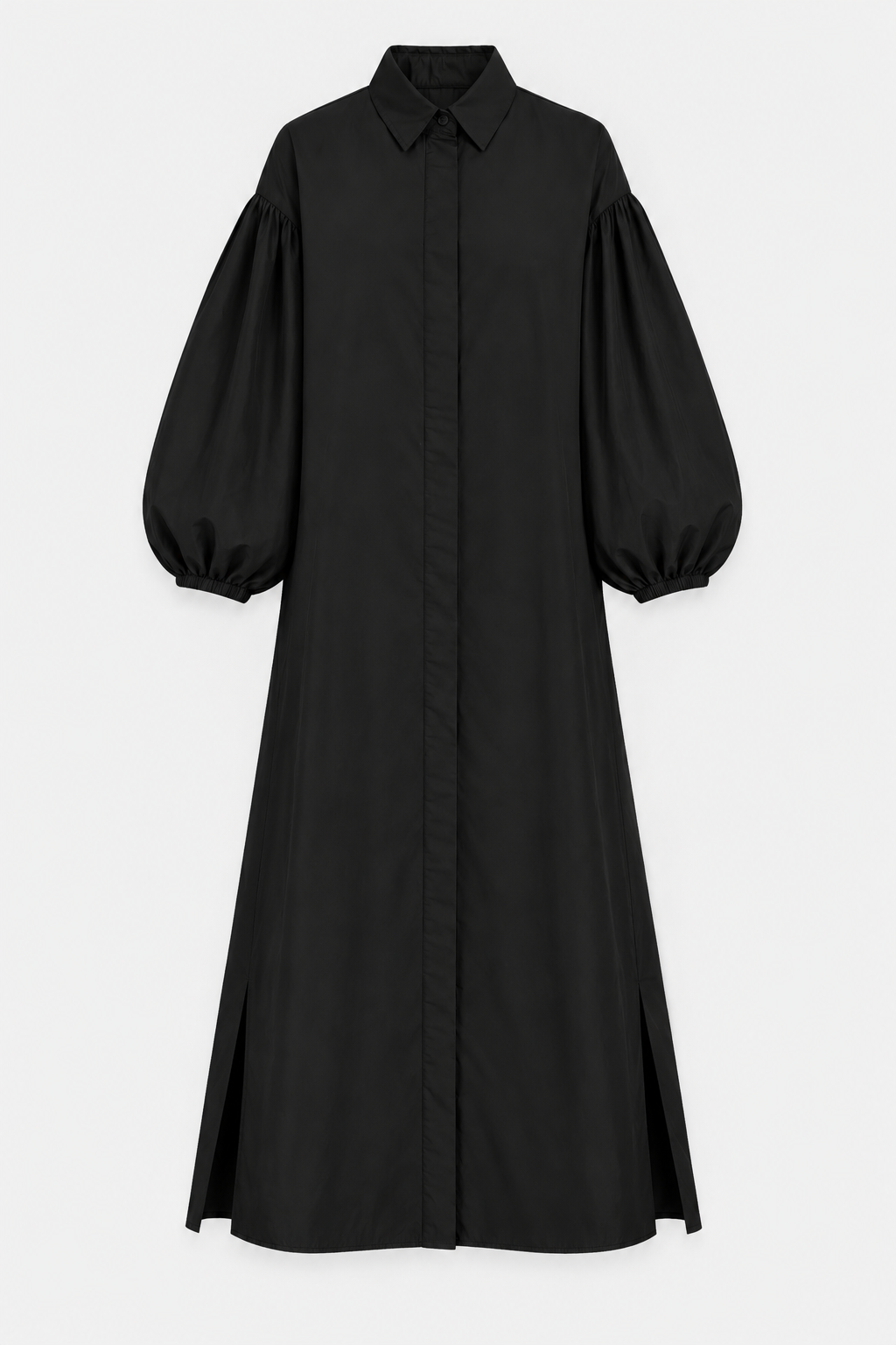 A black long-sleeve midi shirt dress with dramatic balloon sleeves, a pointed collar, and front button closure, shown against a light gray background.