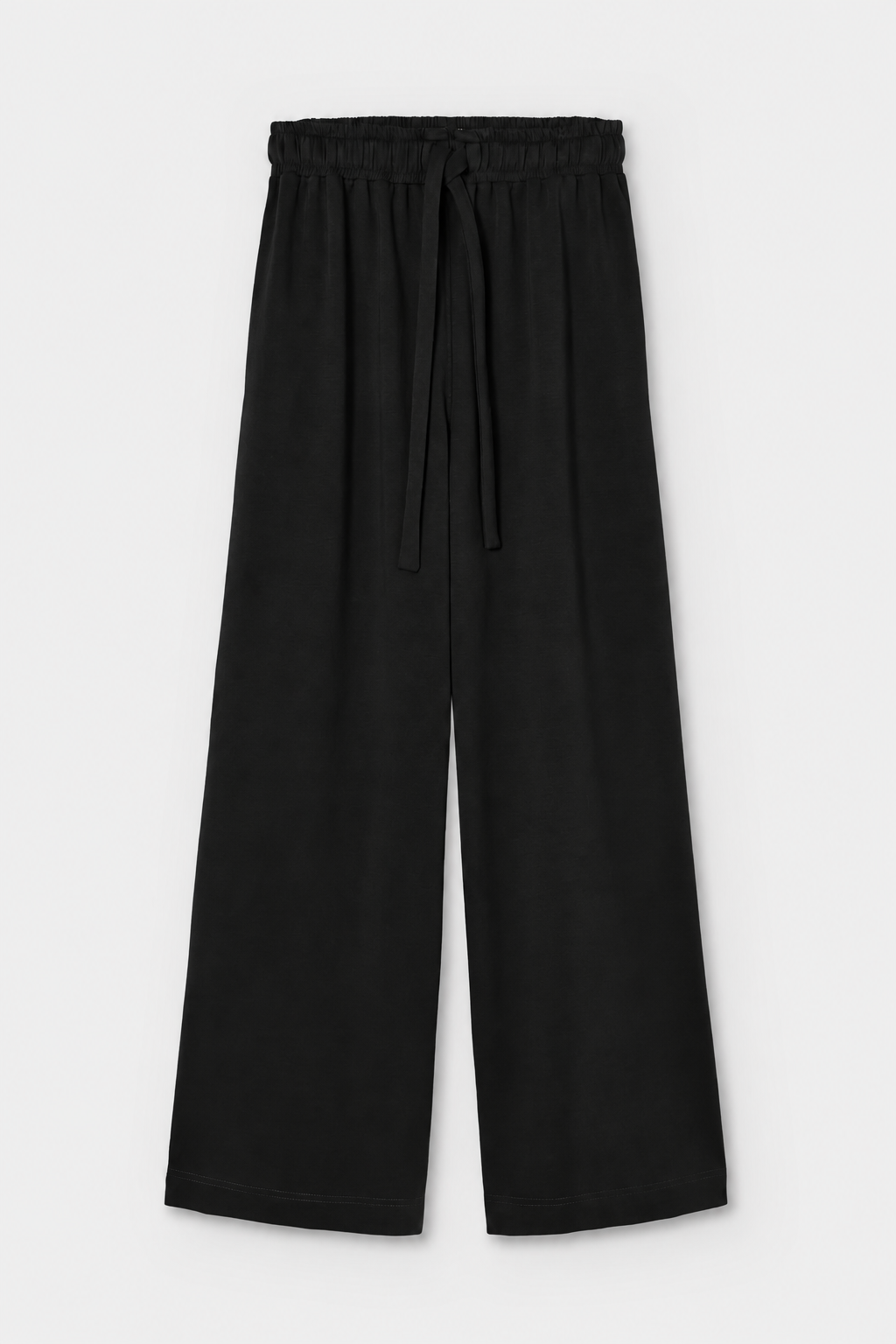 Black wide-leg trousers with an elastic waistband and a matching drawstring, shown flat against a light gray background.