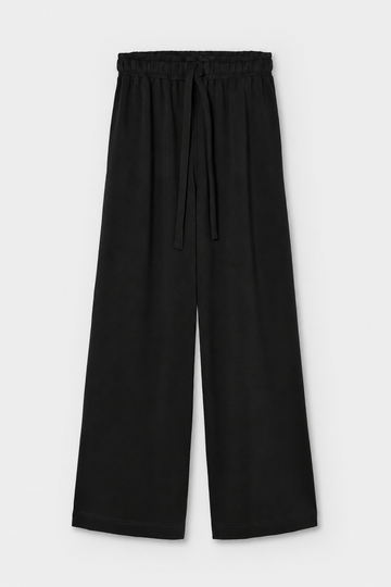 Black wide-leg trousers with an elastic waistband and a matching drawstring, shown flat against a light gray background.