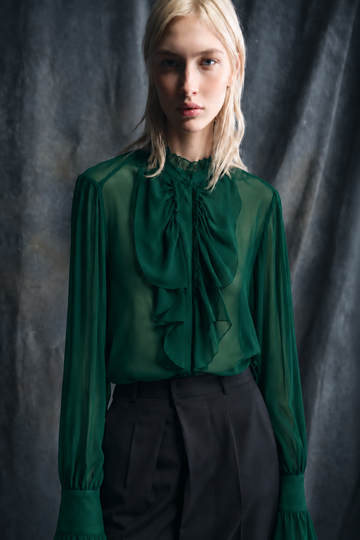 Georgette Silk Ruffle Blouse Emerald