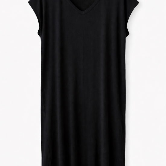 Flat lay image of black v-neck cotton t-shirt dress.