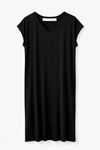 Flat lay image of black v-neck cotton t-shirt dress.