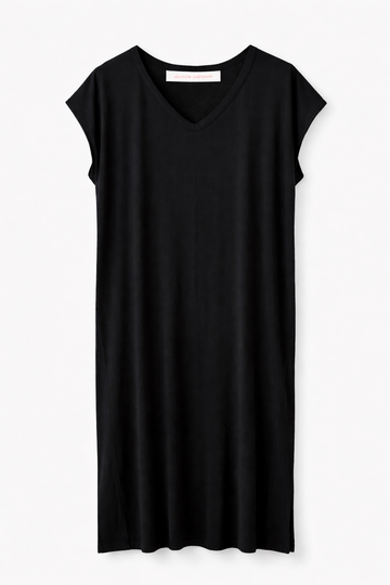 Flat lay image of black v-neck cotton t-shirt dress.