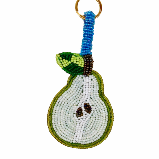 beaded pear keyring on white background