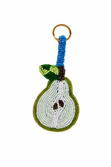 beaded pear keyring on white background