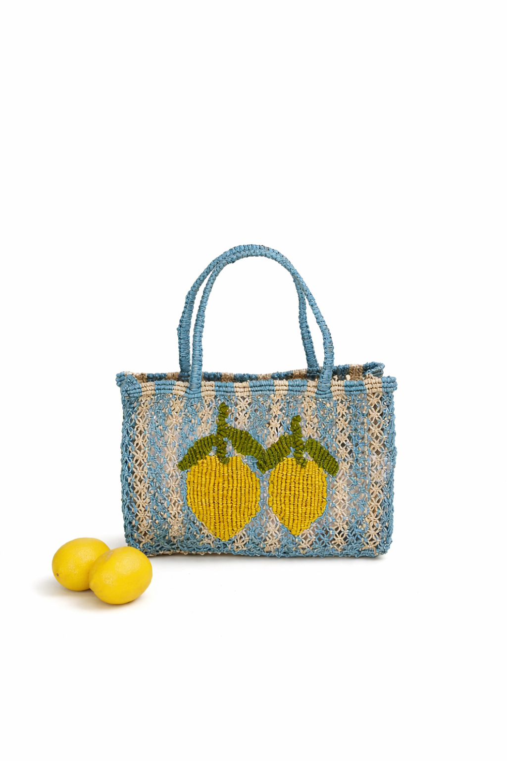 Woven bag with lemon design on a white background