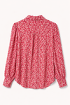 Product shot of the back of a pink floral shirt.