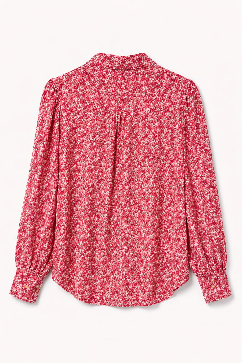 Product shot of the back of a pink floral shirt.