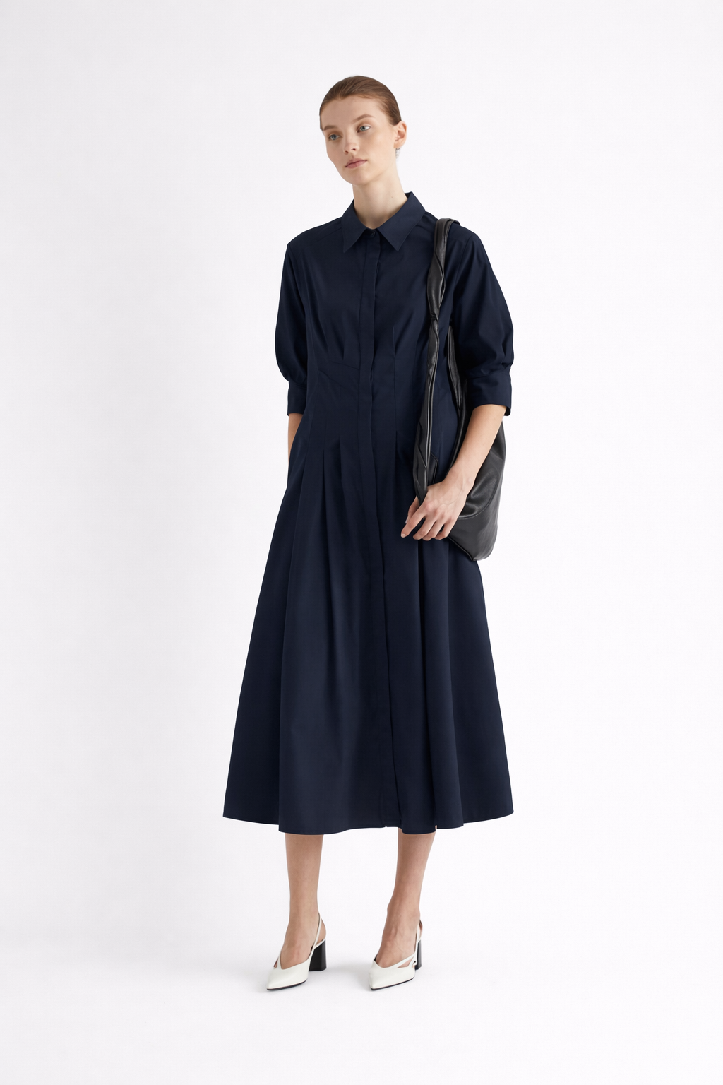 Deep navy cotton shirt dress with full skirt and pleating detail at the waist from Mei meiJ