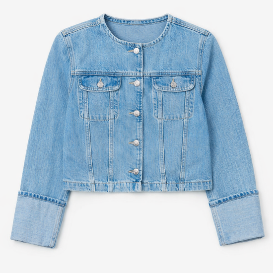 Light blue denim jacket on a white background