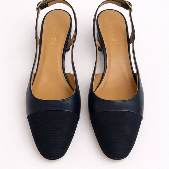 Pair of navy high-heeled shoes on a white background