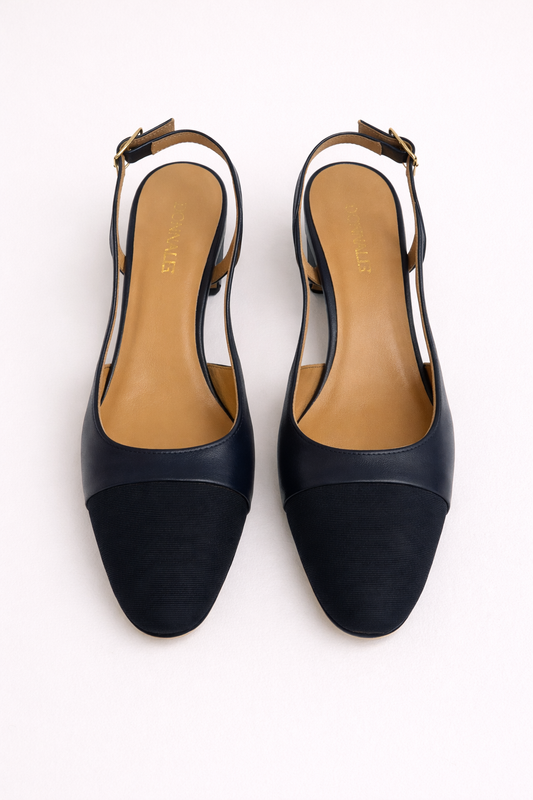 Pair of navy high-heeled shoes on a white background