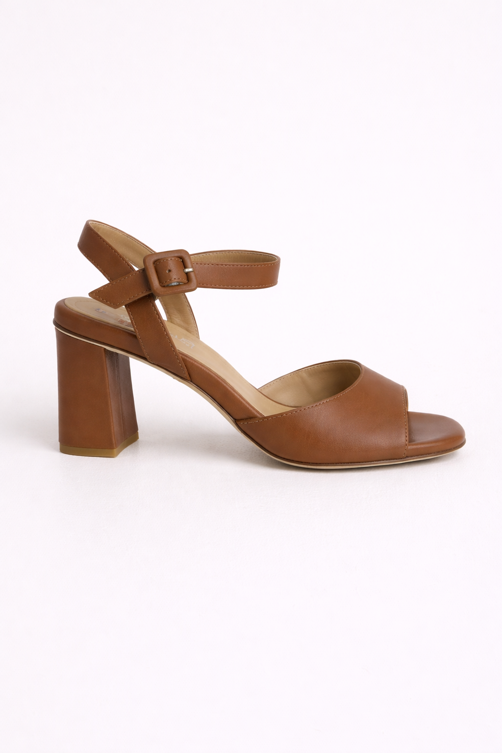 Brown sandal with a block heel on a white background