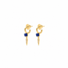 A pair of gold hoop earrings with a small square blue stone and a dangling pointed gold spike embellished with tiny clear stones, shown on a plain white background.