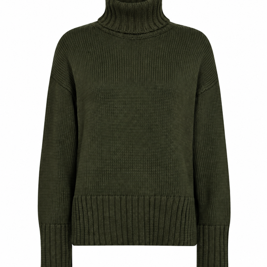 An olive green organic cotton ribbed knit turtleneck sweater displayed on a clean white background.
