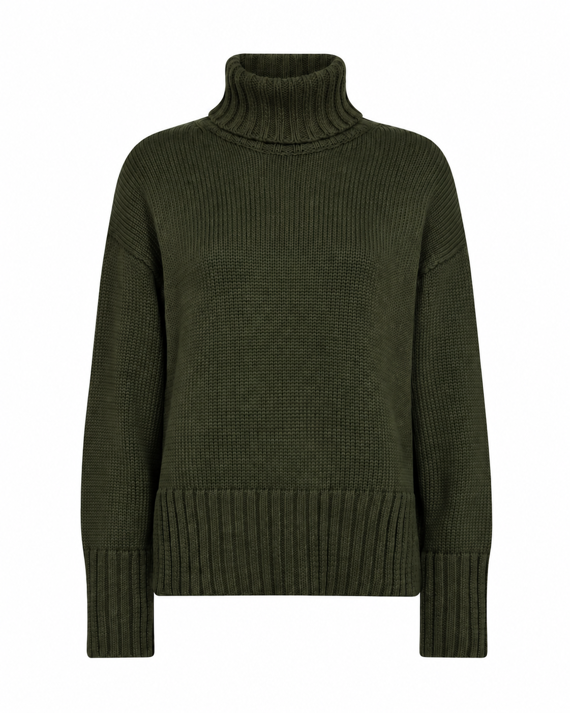 An olive green organic cotton ribbed knit turtleneck sweater displayed on a clean white background.