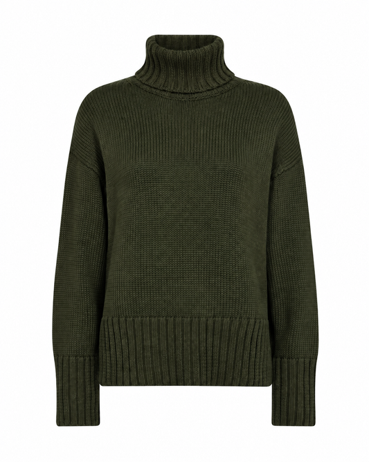 An olive green organic cotton ribbed knit turtleneck sweater displayed on a clean white background.