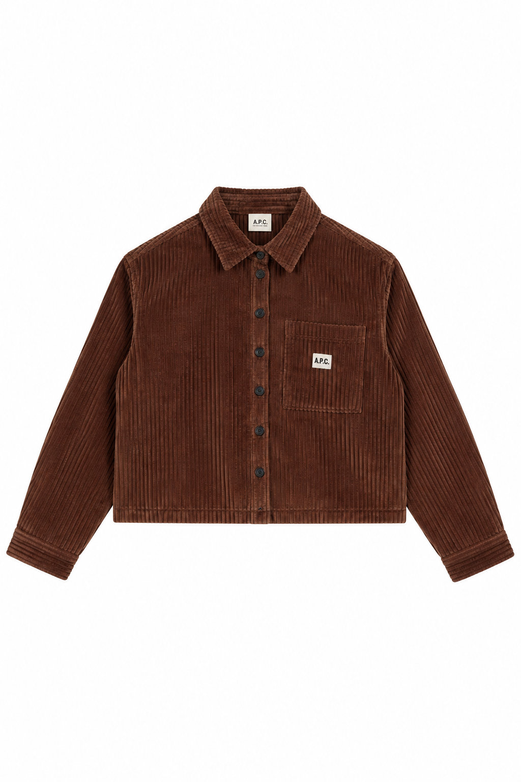 A brown corduroy button-up shirt jacket with a chest pocket and a small white square brand patch on the pocket, displayed flat against a white background.