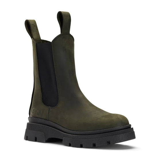 green waterproof chelsea boot with black rubber sole and pull on tabs front view