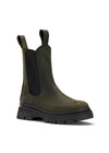 green waterproof chelsea boot with black rubber sole and pull on tabs front view