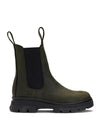 green waterproof chelsea boot with black rubber sole and pull on tabs