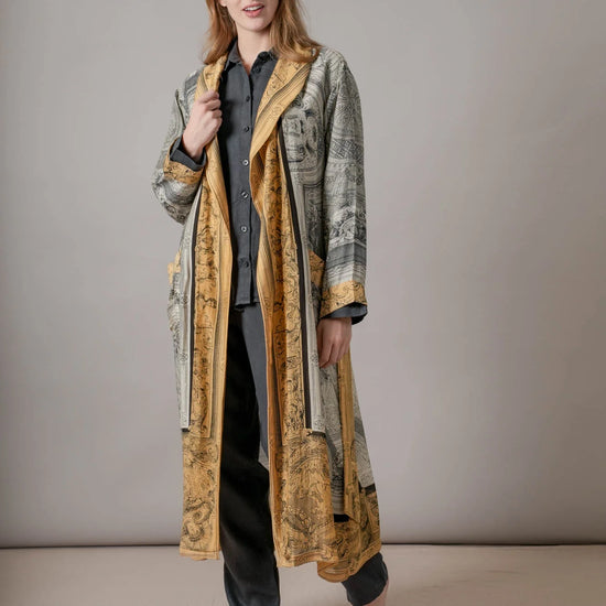 gold and grey antique inspired hand drawn robe  model shot