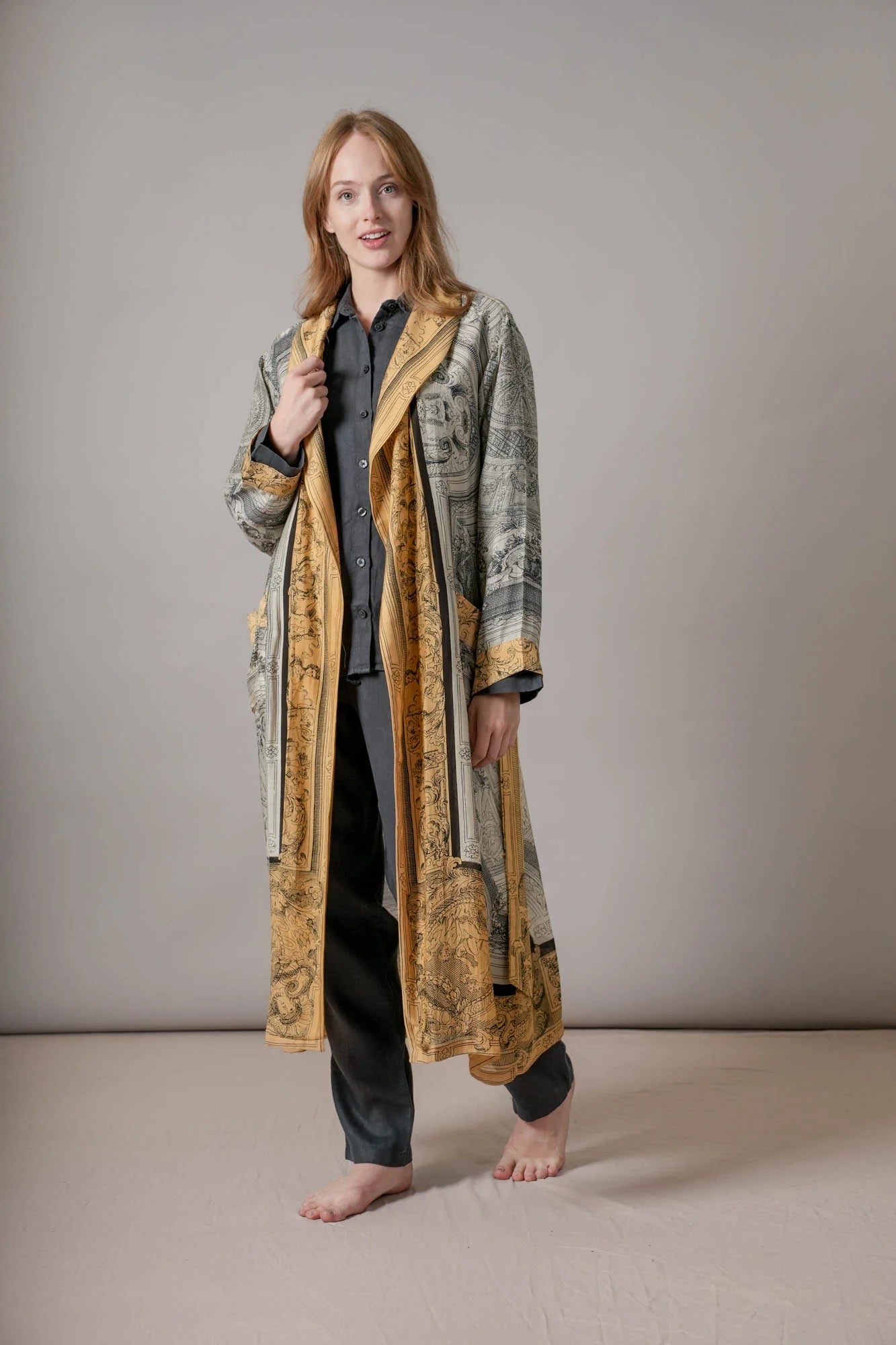 gold and grey antique inspired hand drawn robe  model shot