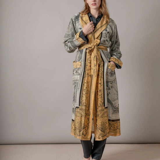 gold and grey antique inspired hand drawn robe model shot