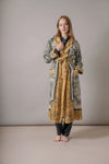 gold and grey antique inspired hand drawn robe model shot