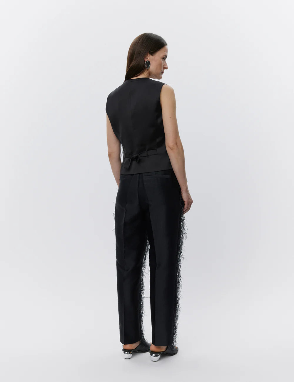 black waistcoat with fringe detail on the front and satin back rear view 