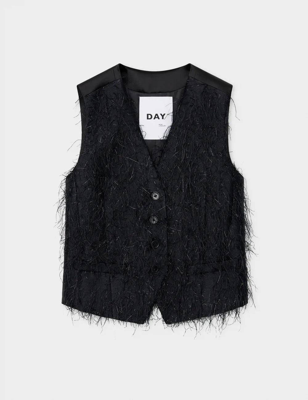 black waistcoat with fringe detail on the front and satin back