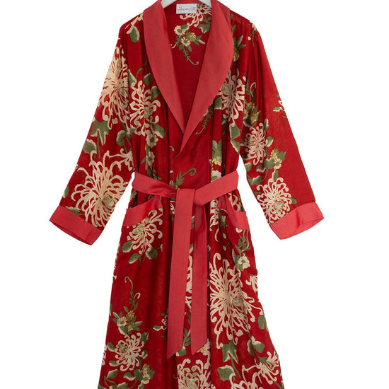 red floral dressing gown