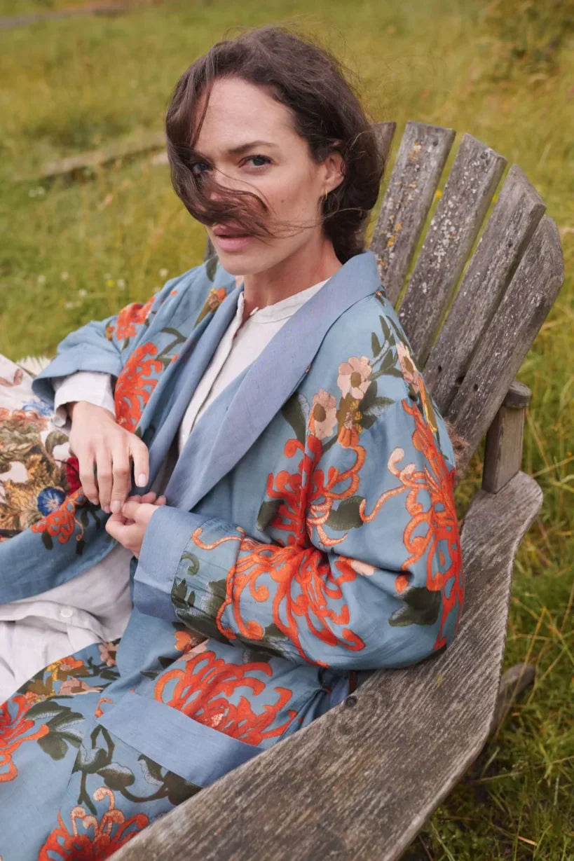 grey floral dressing gown model shot