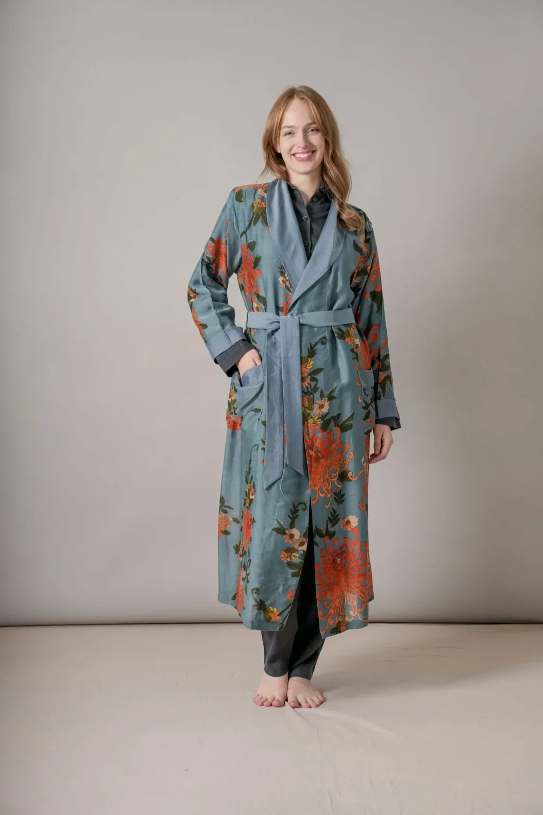 grey floral dressing gown model shot 