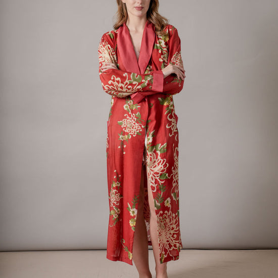 red floral dressing gown